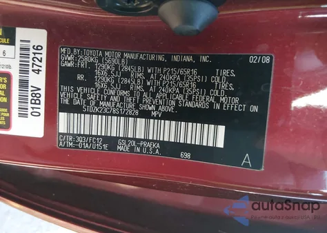 2008 Toyota Sienna Le из США, поврежденный, VIN 5TDZK23C78S172828